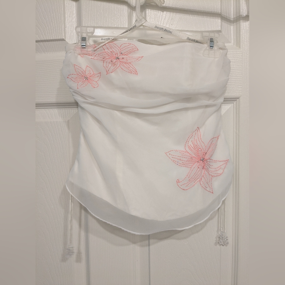 David's Bridal White Strapless Overlay Top with Pink Floral Beading